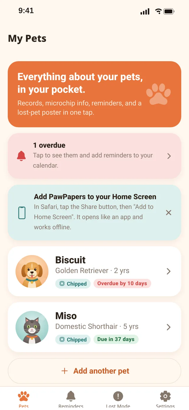 My Pets home screen with Biscuit the dog and Miso the cat