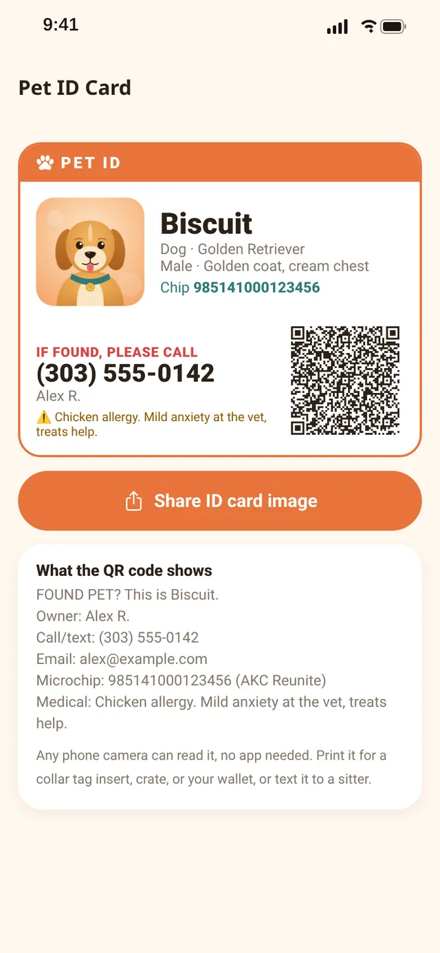 Pet ID card for Biscuit with a QR code