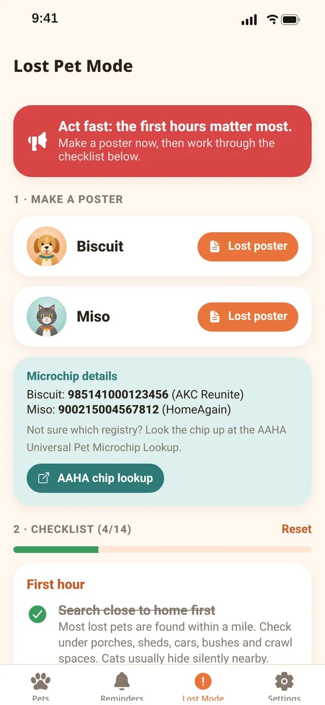 Lost Pet Mode checklist with make a poster, microchip details and first hour steps