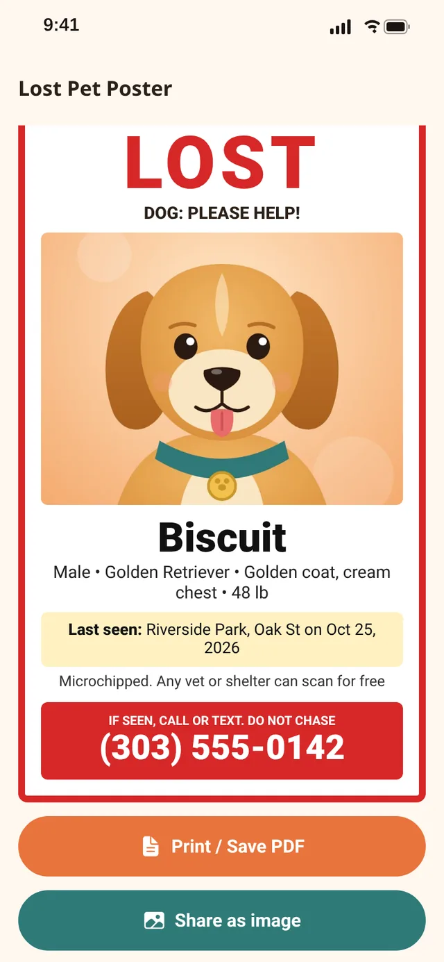 Lost pet poster for Biscuit with photo, last seen location and phone number