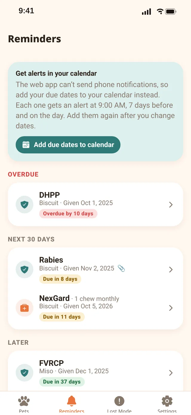 Reminders screen: DHPP overdue, Rabies due in 8 days, NexGard due in 11 days