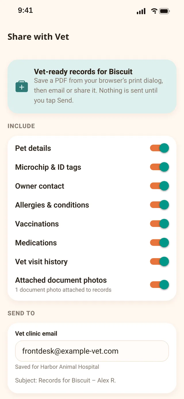 Share with Vet screen with toggles for what to include