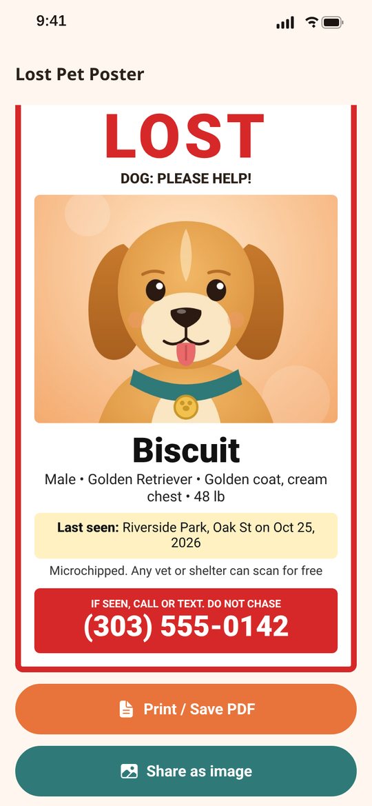 PawPapers lost pet poster screen